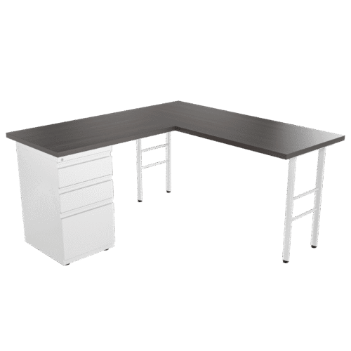 Escritorio base H elíptica en L con archivador 2X1