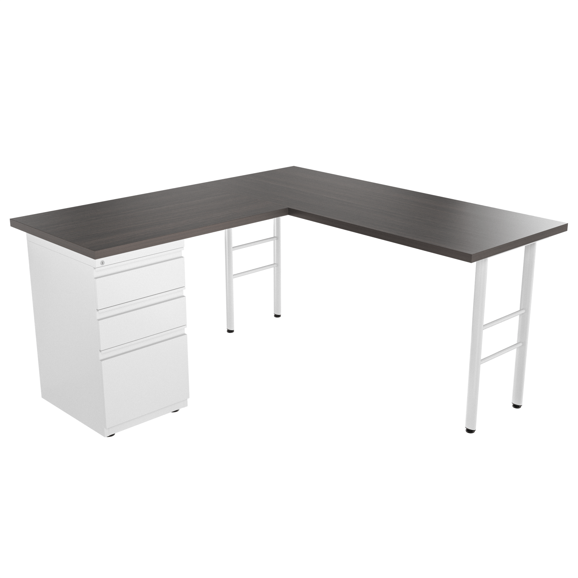 Escritorio base H elíptica en L con archivador 2X1