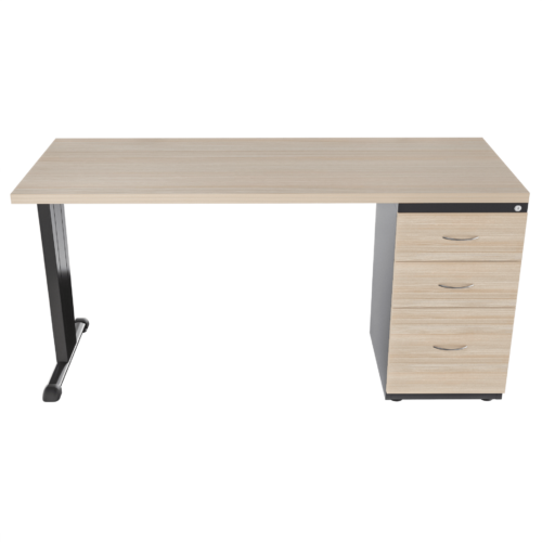 Escritorio recto Tower con archivador 2X1 frente madera – larice 3D – Negro brillante – Frente