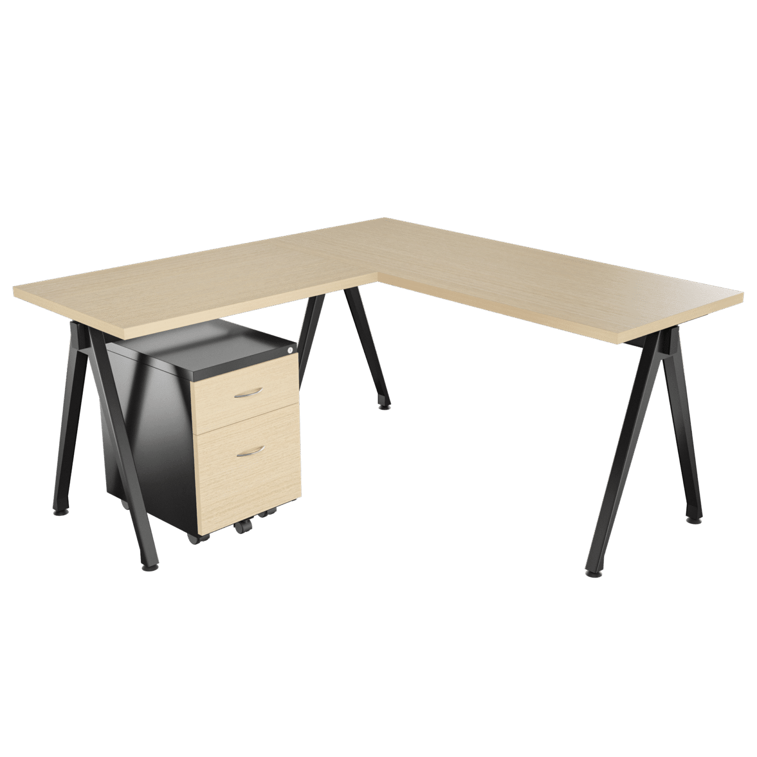 Escritorio en L Frente Madera- Delta – alpi claro -Negro brillante