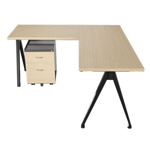 Escritorio en L Frente Madera- Delta – alpi claro -Negro brillante V2