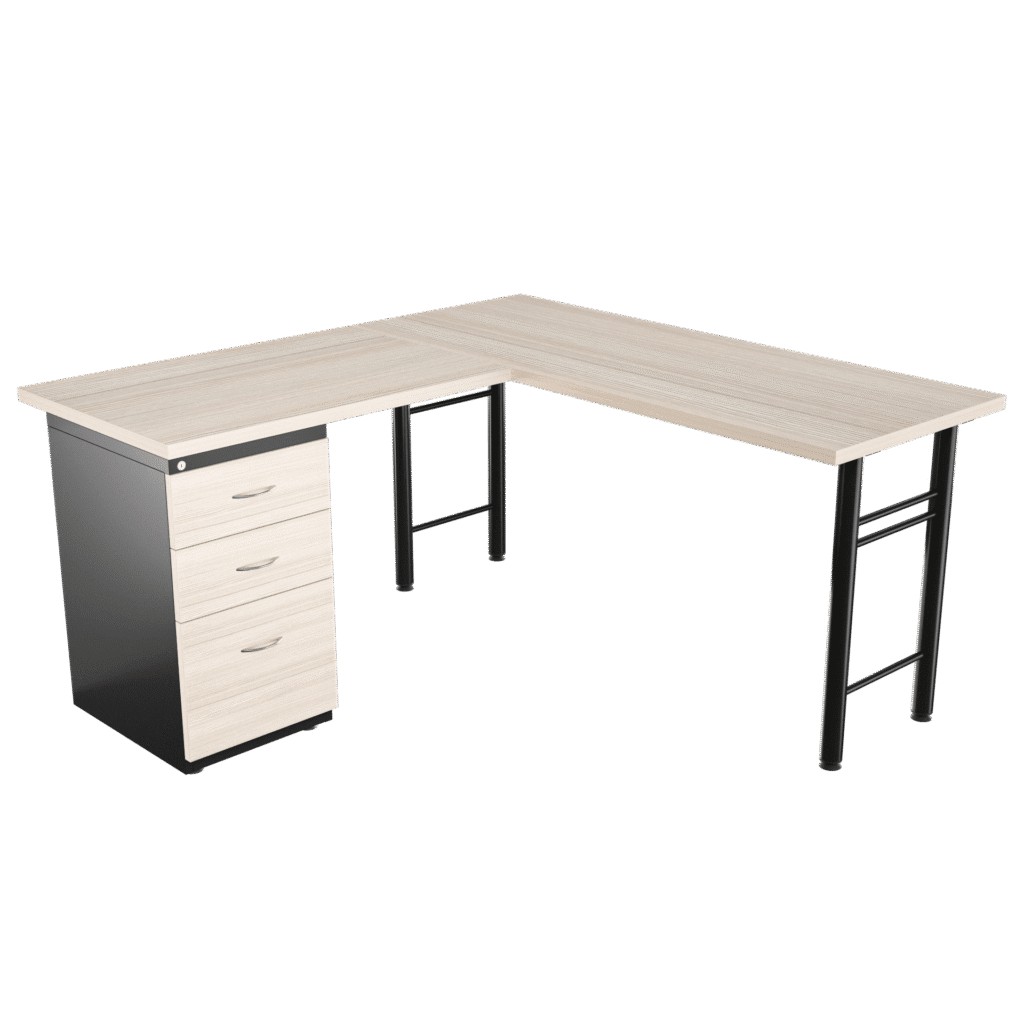 Escritorio base H 1.9″ redonda en L con archivador 2X1 frente madera