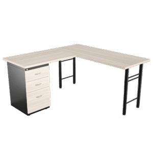 Escritorio base H 1.9" redonda en L con archivador 2X1 frente madera