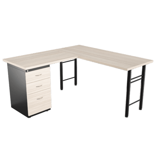 Escritorio base H 1.9" redonda en L con archivador 2X1 frente madera